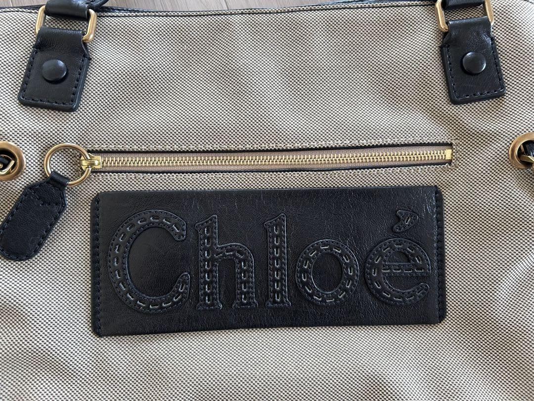 Chloe Hand Bag Tote Bag Canvas Leather Beige Black Authentic