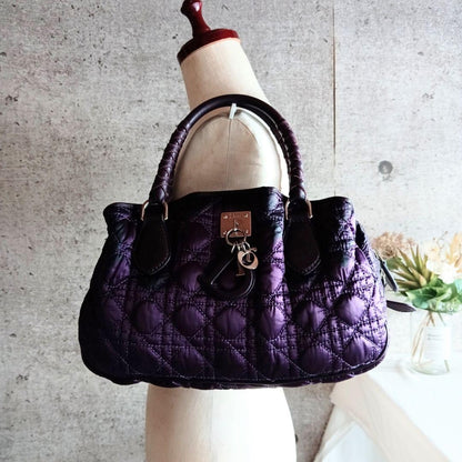 Christian Dior Hand Bag Tote Purse Cannage Nylon Purple Authentic