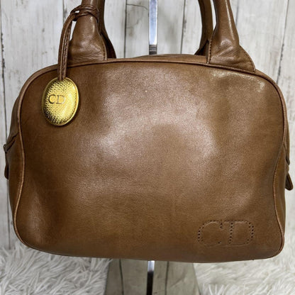 Christian Dior Hand Bag Tote Purse CD Leather Brown Authentic