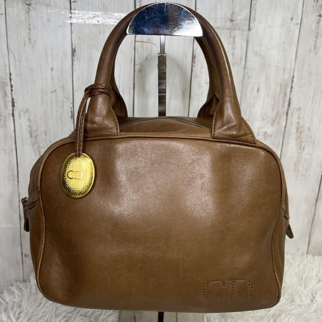 Christian Dior Hand Bag Tote Purse CD Leather Brown Authentic