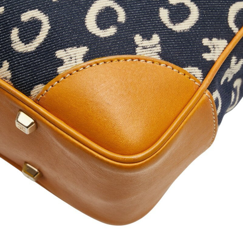 CELINE handbag Purse C Macadam Navy Denim Brown Leather Women's Authentic Used
