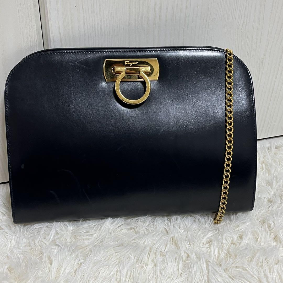 Salvatore Ferragamo shoulder bag Purse Gancini Dark Navy chain Leather Authentic