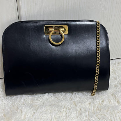 Salvatore Ferragamo shoulder bag Purse Gancini Dark Navy chain Leather Authentic