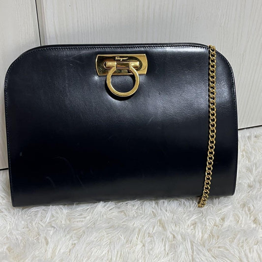 Salvatore Ferragamo shoulder bag Purse Gancini Dark Navy chain Leather Authentic