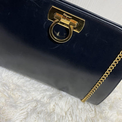 Salvatore Ferragamo shoulder bag Purse Gancini Dark Navy chain Leather Authentic