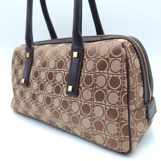 Salvatore Ferragamo handbag Purse Gancini Brown Canvas Leather mini boston bag