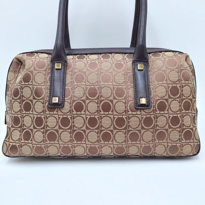 Salvatore Ferragamo handbag Purse Gancini Brown Canvas Leather mini boston bag