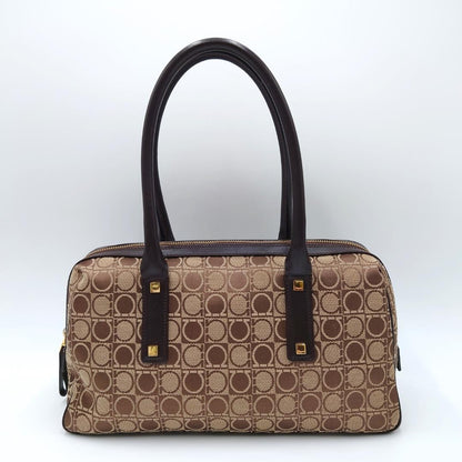 Salvatore Ferragamo handbag Purse Gancini Brown Canvas Leather mini boston bag