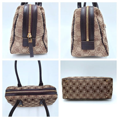 Salvatore Ferragamo handbag Purse Gancini Brown Canvas Leather mini boston bag