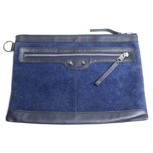 BALENCIAGA Clutch Bag Second Bag Suede Leather Blue Navy Authentic