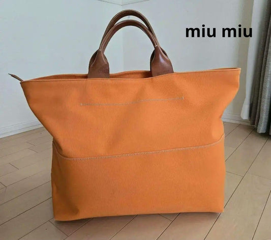 MIU MIU Hand Bag Tote Purse Canvas Leather Orange Authentic