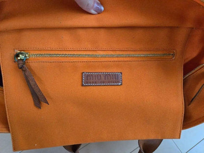 MIU MIU Hand Bag Tote Purse Canvas Leather Orange Authentic