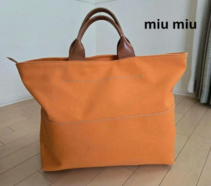 MIU MIU Hand Bag Tote Purse Canvas Leather Orange Authentic