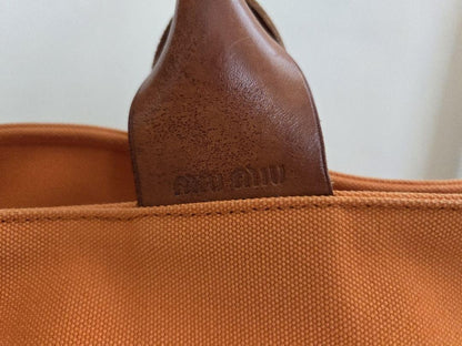 MIU MIU Hand Bag Tote Purse Canvas Leather Orange Authentic