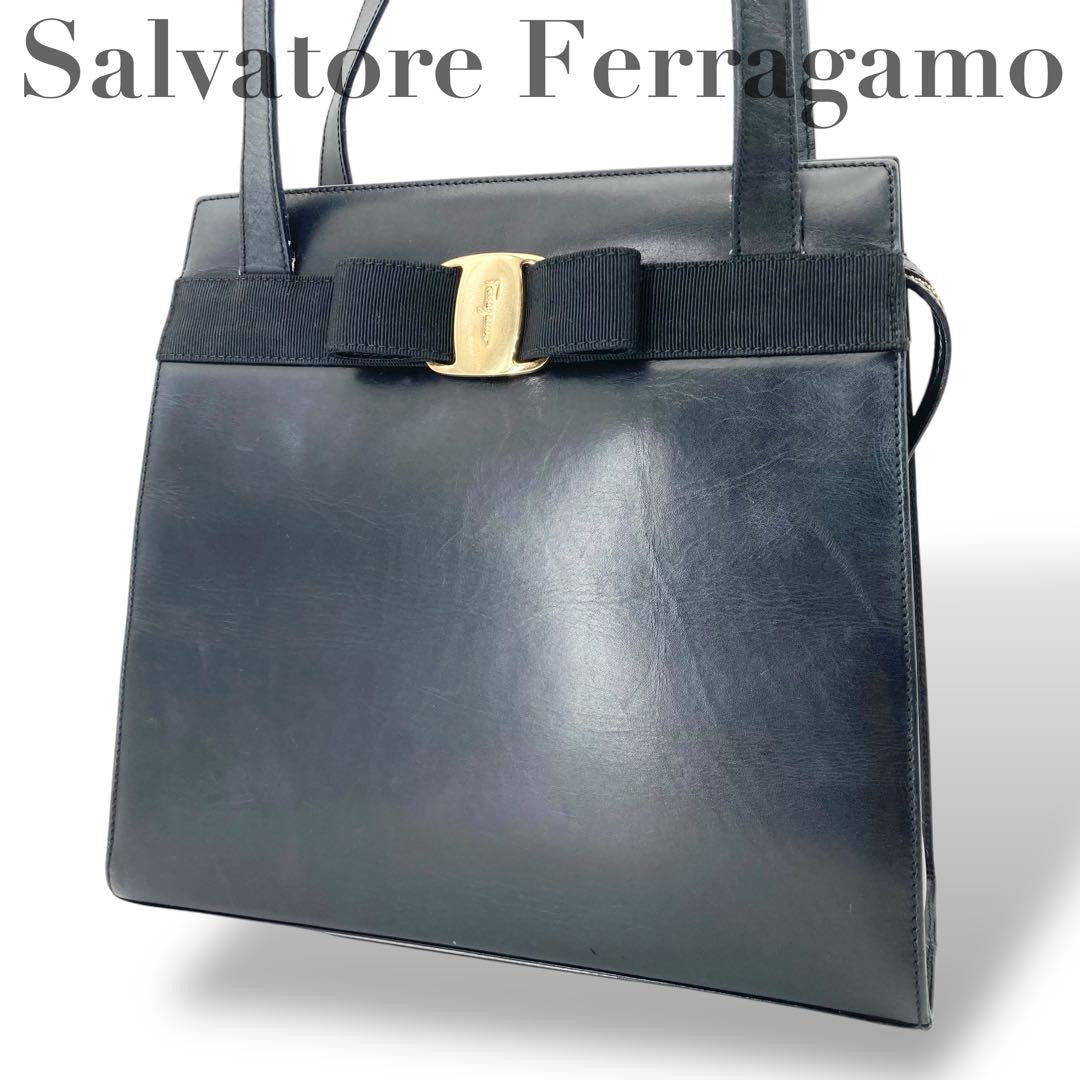 Salvatore Ferragamo shoulder bag Purse VARA RIBBON Black Authentic Leather