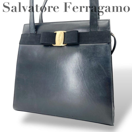 Salvatore Ferragamo shoulder bag Purse VARA RIBBON Black Authentic Leather