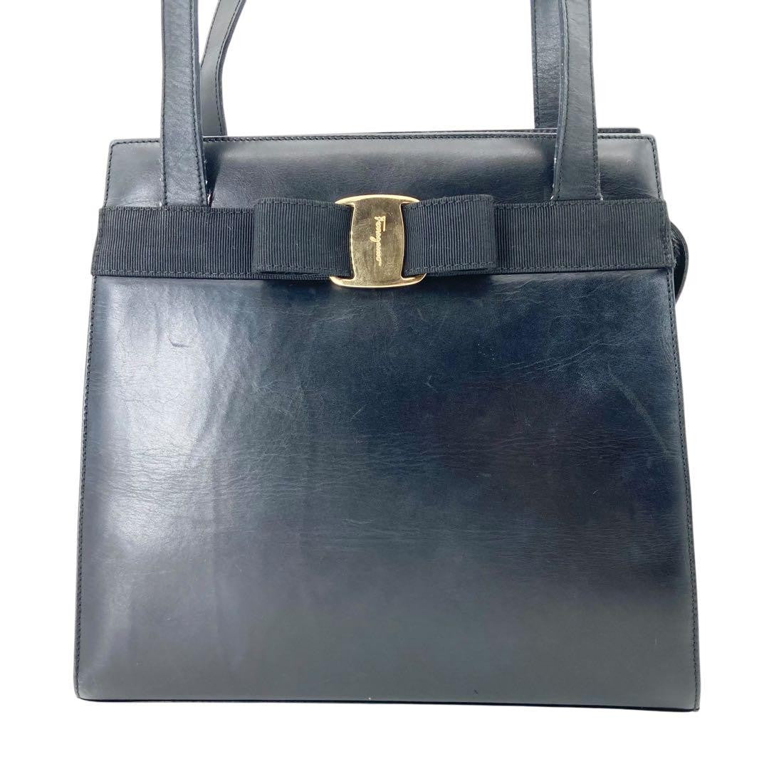 Salvatore Ferragamo shoulder bag Purse VARA RIBBON Black Authentic Leather