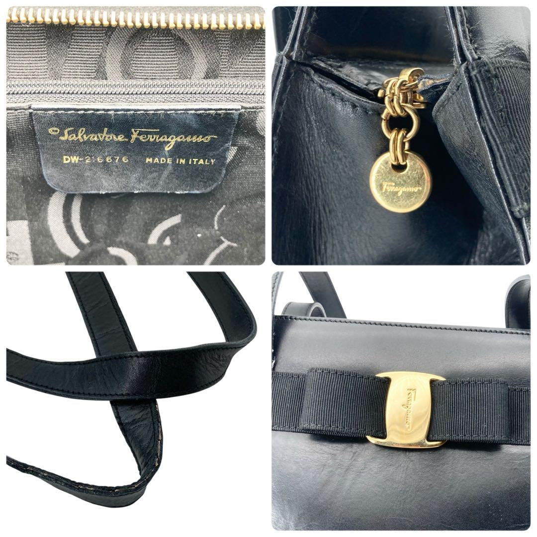 Salvatore Ferragamo shoulder bag Purse VARA RIBBON Black Authentic Leather
