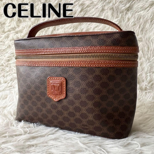 CELINE Pouch Vanity Purse Triomphe macadam pattern leather pvc brown Authentic