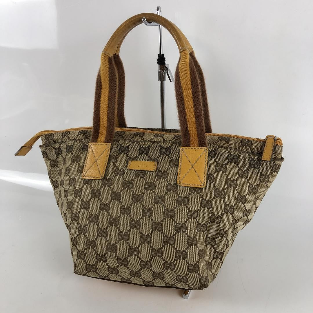 GUCCI Hand Bag Tote Purse GG Canvas Sherry Line Beige Yellow Authentic
