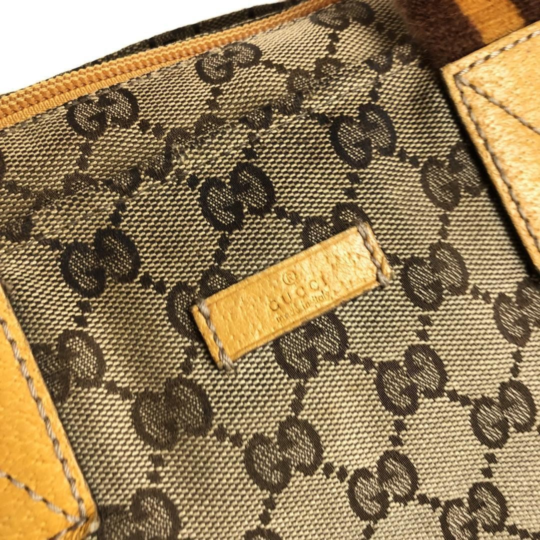 GUCCI Hand Bag Tote Purse GG Canvas Sherry Line Beige Yellow Authentic