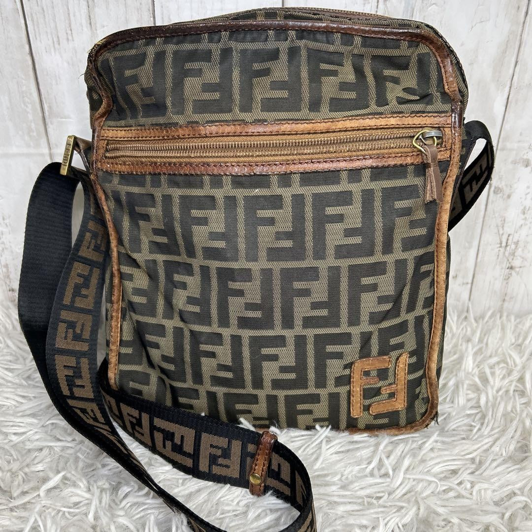 FENDI Shoulder Bag Purse FF Zucca Nylon Canvas Brown Authentic
