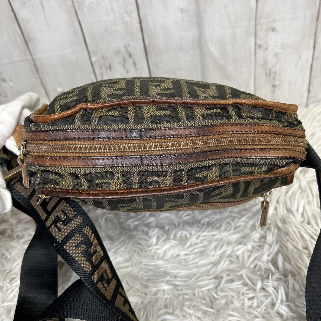 FENDI Shoulder Bag Purse FF Zucca Nylon Canvas Brown Authentic