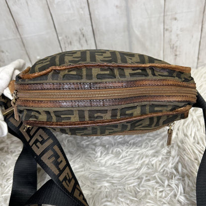 FENDI Shoulder Bag Purse FF Zucca Nylon Canvas Brown Authentic