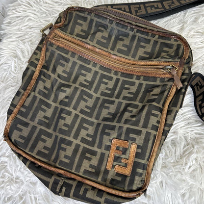 FENDI Shoulder Bag Purse FF Zucca Nylon Canvas Brown Authentic