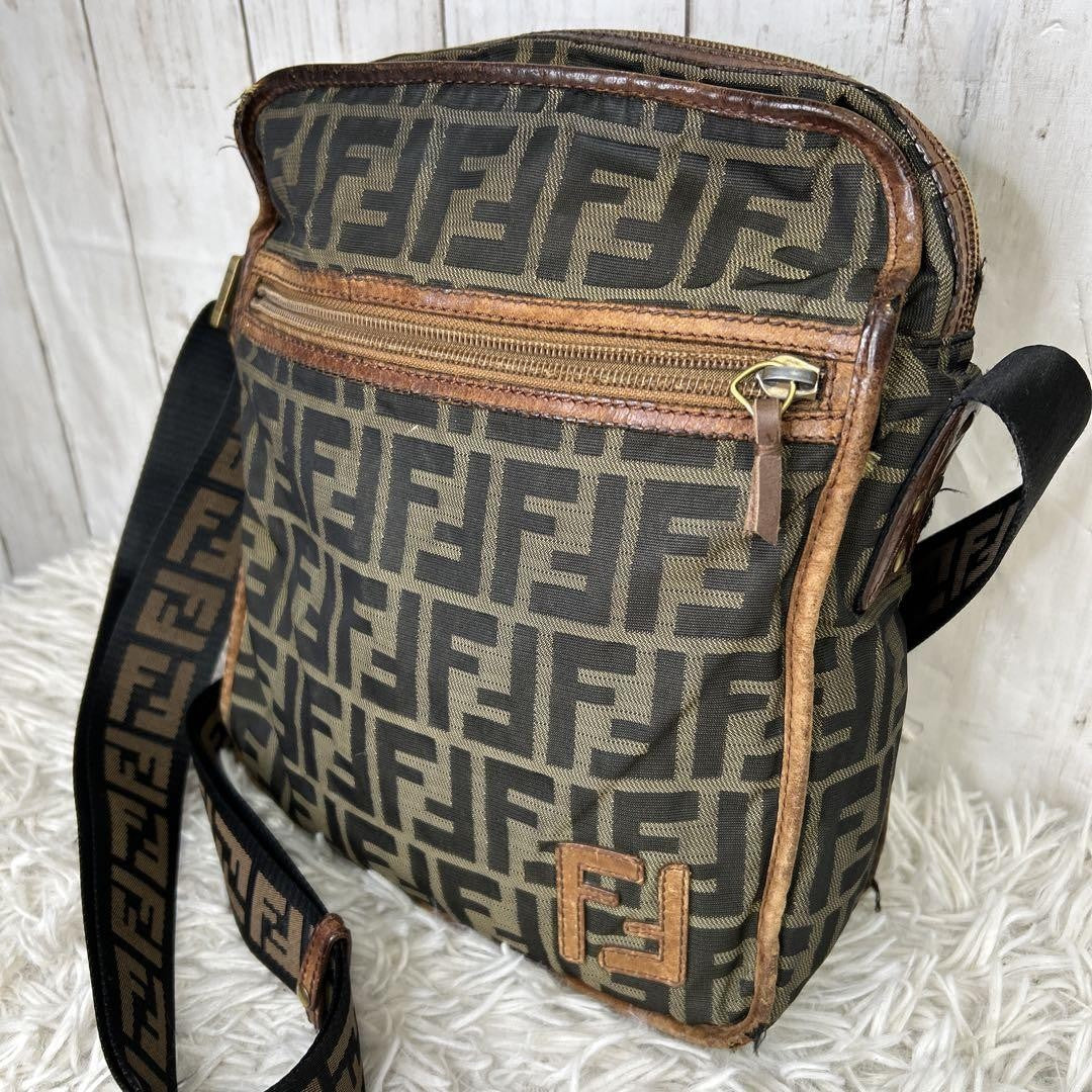 FENDI Shoulder Bag Purse FF Zucca Nylon Canvas Brown Authentic
