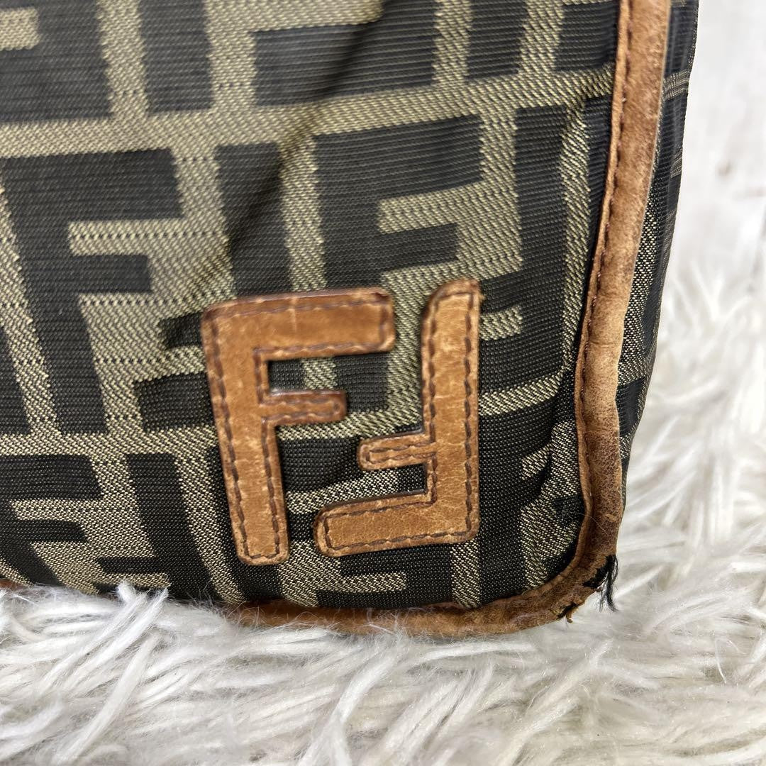 FENDI Shoulder Bag Purse FF Zucca Nylon Canvas Brown Authentic