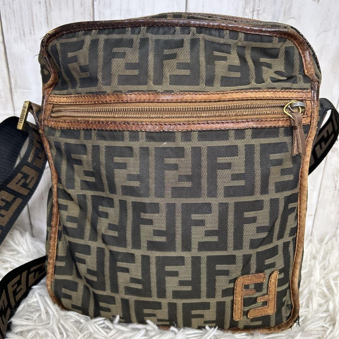 FENDI Shoulder Bag Purse FF Zucca Nylon Canvas Brown Authentic