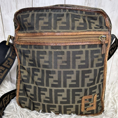 FENDI Shoulder Bag Purse FF Zucca Nylon Canvas Brown Authentic