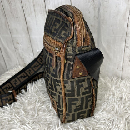 FENDI Shoulder Bag Purse FF Zucca Nylon Canvas Brown Authentic