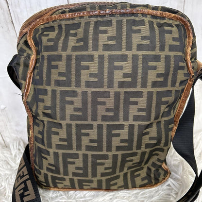FENDI Shoulder Bag Purse FF Zucca Nylon Canvas Brown Authentic
