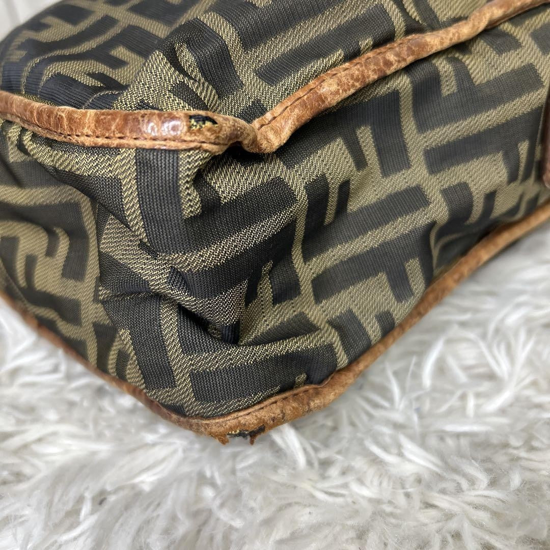 FENDI Shoulder Bag Purse FF Zucca Nylon Canvas Brown Authentic