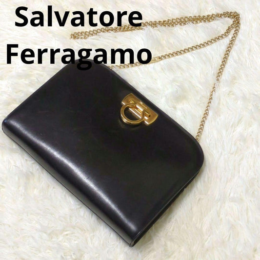 Salvatore Ferragamo shoulder bag Purse Gancini Black Gold chain Leather Used