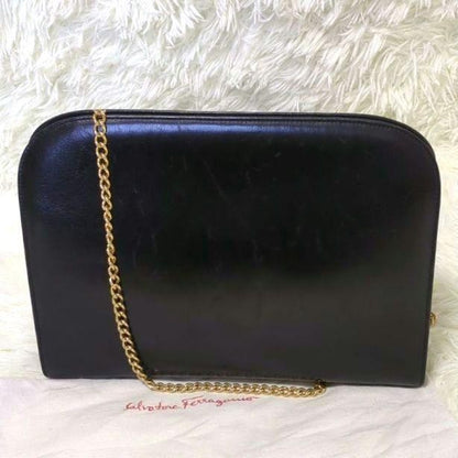 Salvatore Ferragamo shoulder bag Purse Gancini Black Gold chain Leather Used