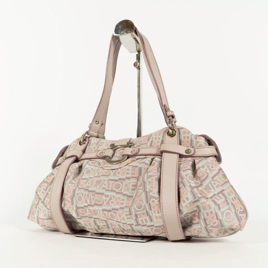 Salvatore Ferragamo handbag Tote Purse Gancini Pink Beige Canvas Leather Women's
