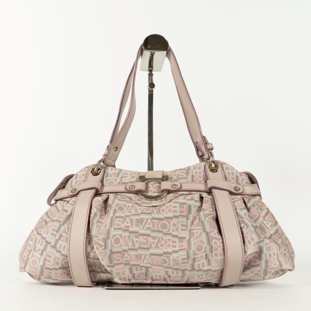 Salvatore Ferragamo handbag Tote Purse Gancini Pink Beige Canvas Leather Women's