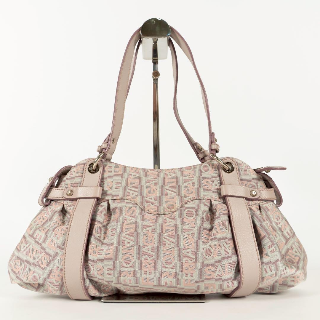 Salvatore Ferragamo handbag Tote Purse Gancini Pink Beige Canvas Leather Women's