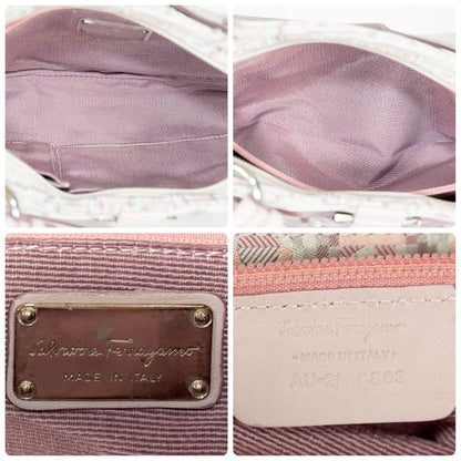 Salvatore Ferragamo handbag Tote Purse Gancini Pink Beige Canvas Leather Women's