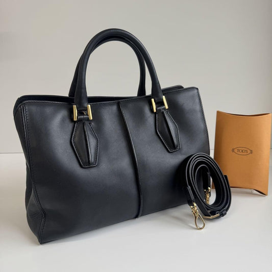 TOD'S Hand Shoulder Bag Tote Purse 2way D-Styling Leather Black Authentic