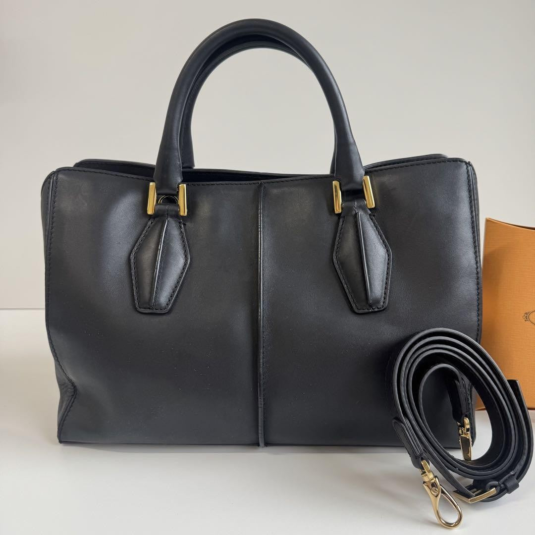 TOD'S Hand Shoulder Bag Tote Purse 2way D-Styling Leather Black Authentic