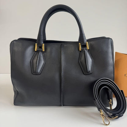 TOD'S Hand Shoulder Bag Tote Purse 2way D-Styling Leather Black Authentic