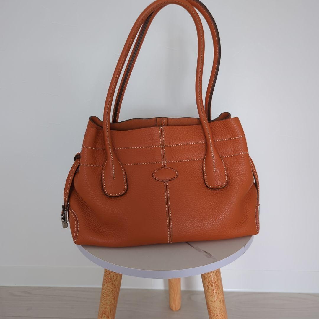 TOD'S Hand Bag Tote Purse Leather Orange Authentic