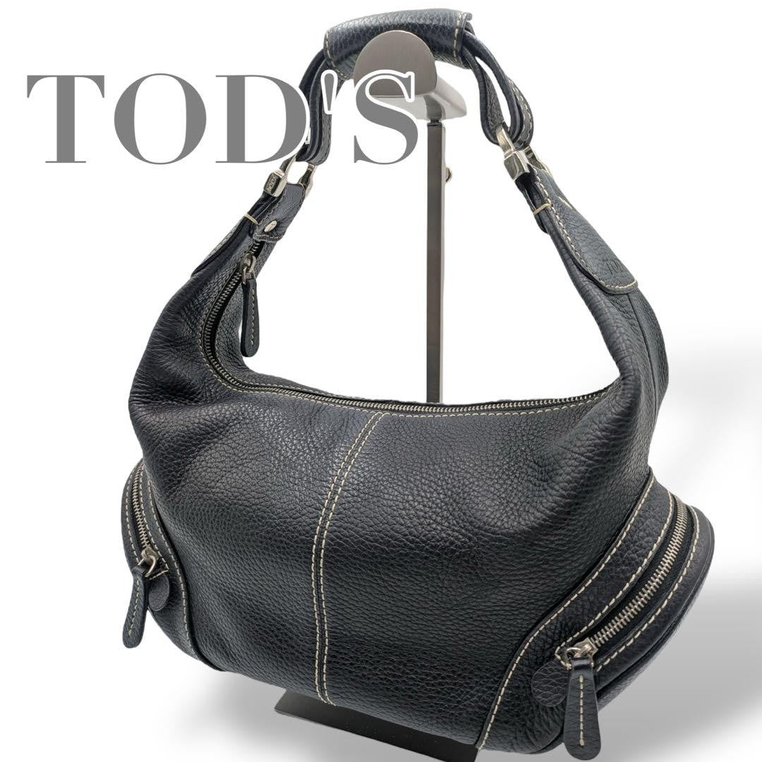 TOD'S Hand Shoulder Bag Tote Purse Leather Black Authentic