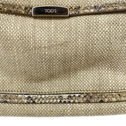 TOD'S Hand Bag Tote Purse Canvas Beige Dark Brown Authentic