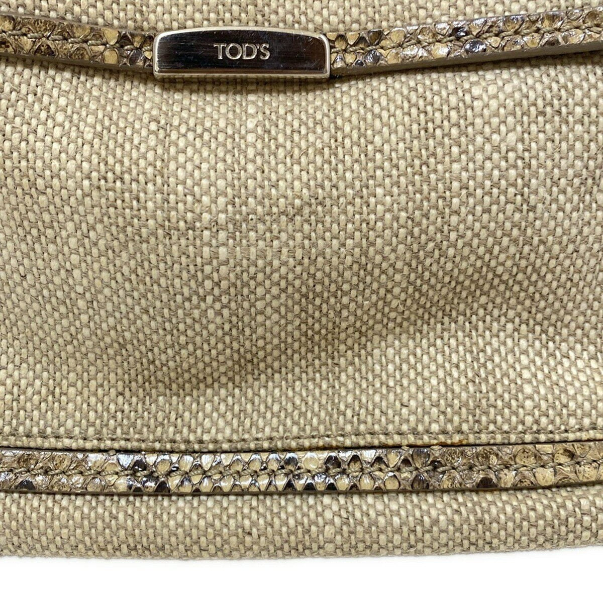 TOD'S Hand Bag Tote Purse Canvas Beige Dark Brown Authentic