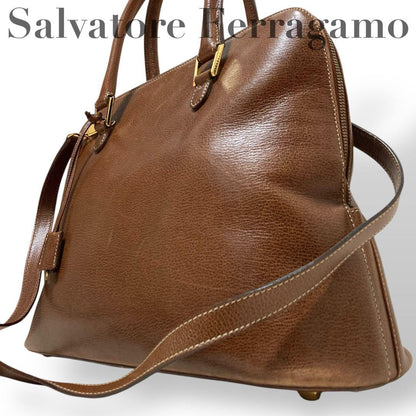 Salvatore Ferragamo Hand Shoulder Bag Tote Purse 2way Leather Brown Authentic